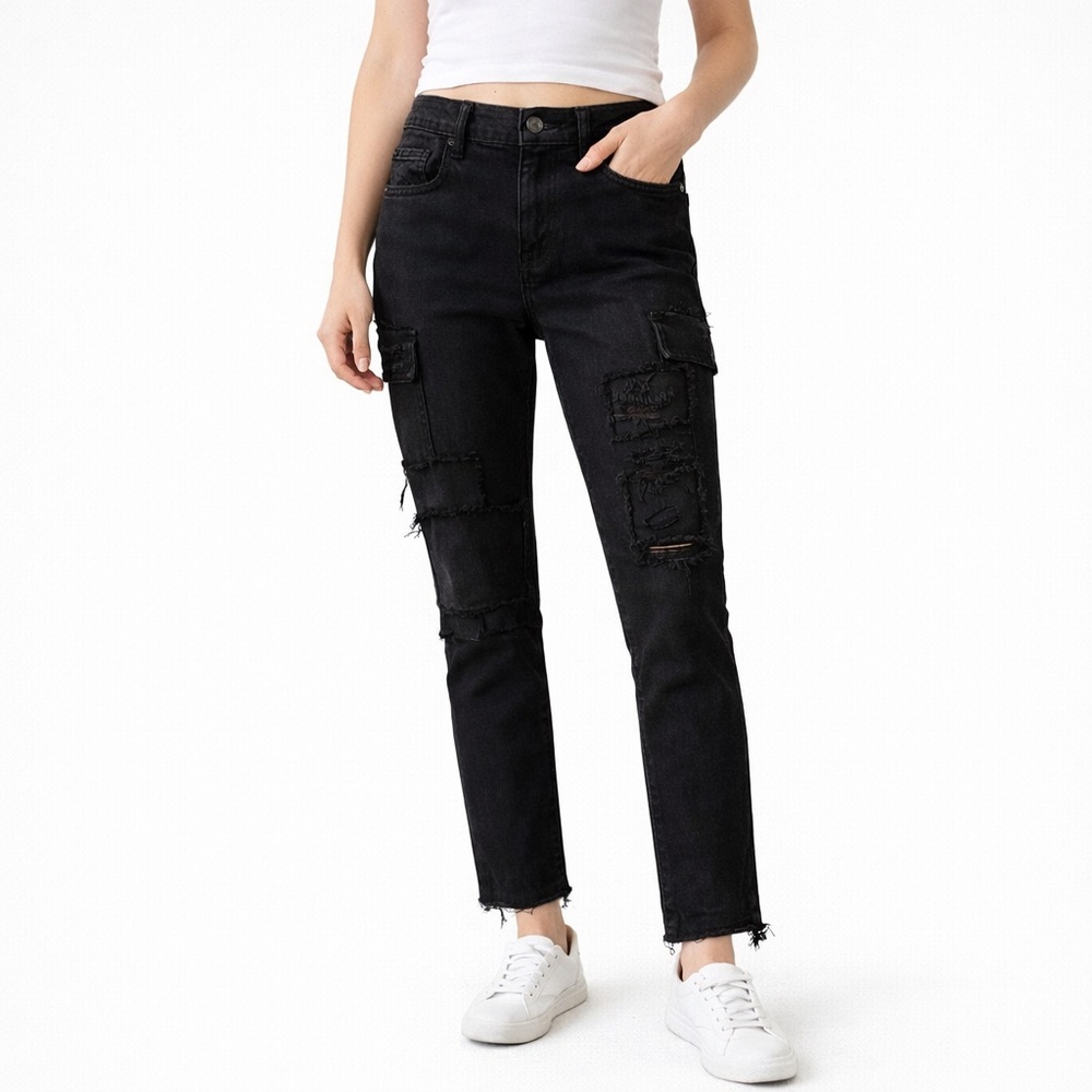 Derek Lam 10‎ Crosby Mila Girlfriend Jeans Women's Size 28 Black Patchwork Raw